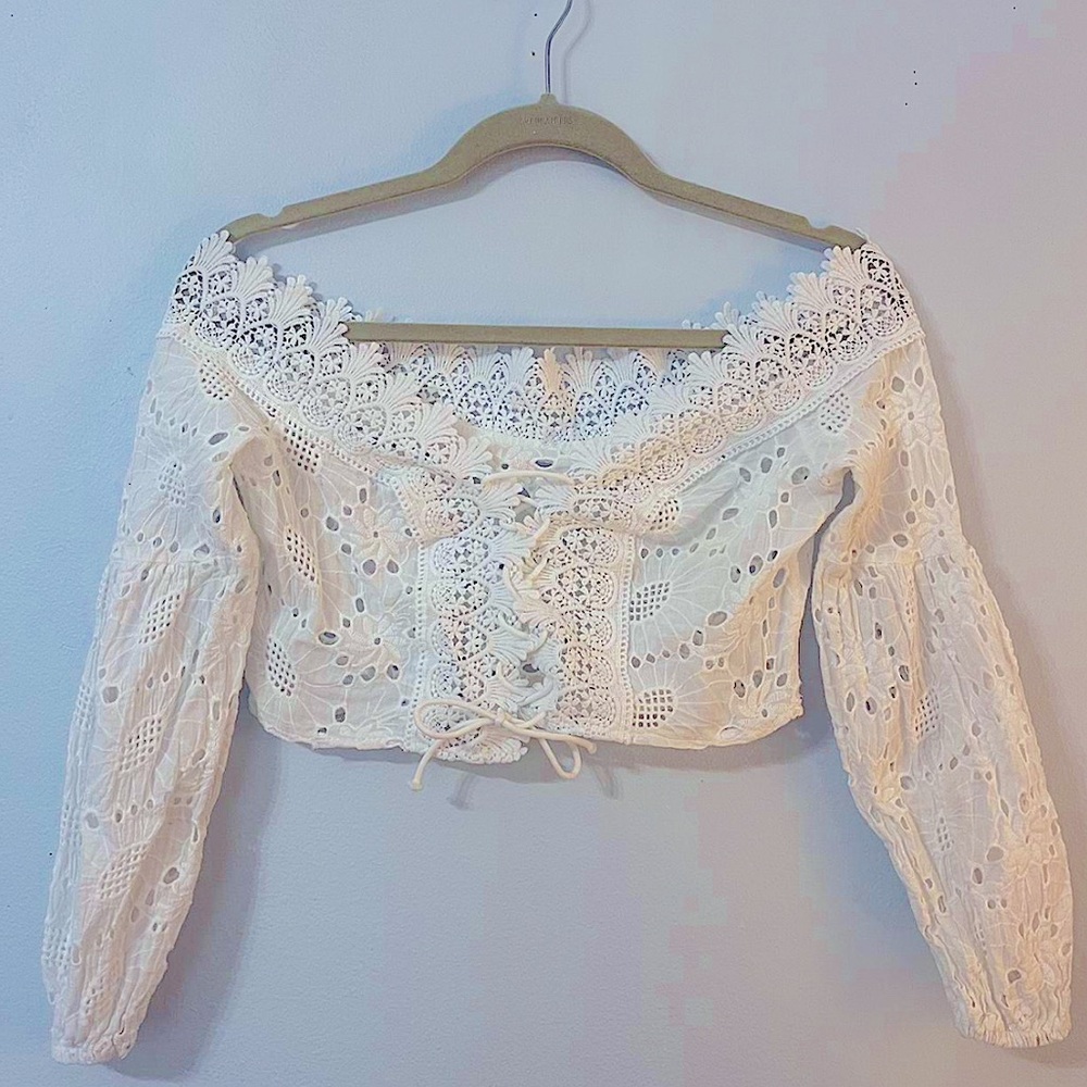Free people style white crochet corset top off the shoulder. Size Xs/S